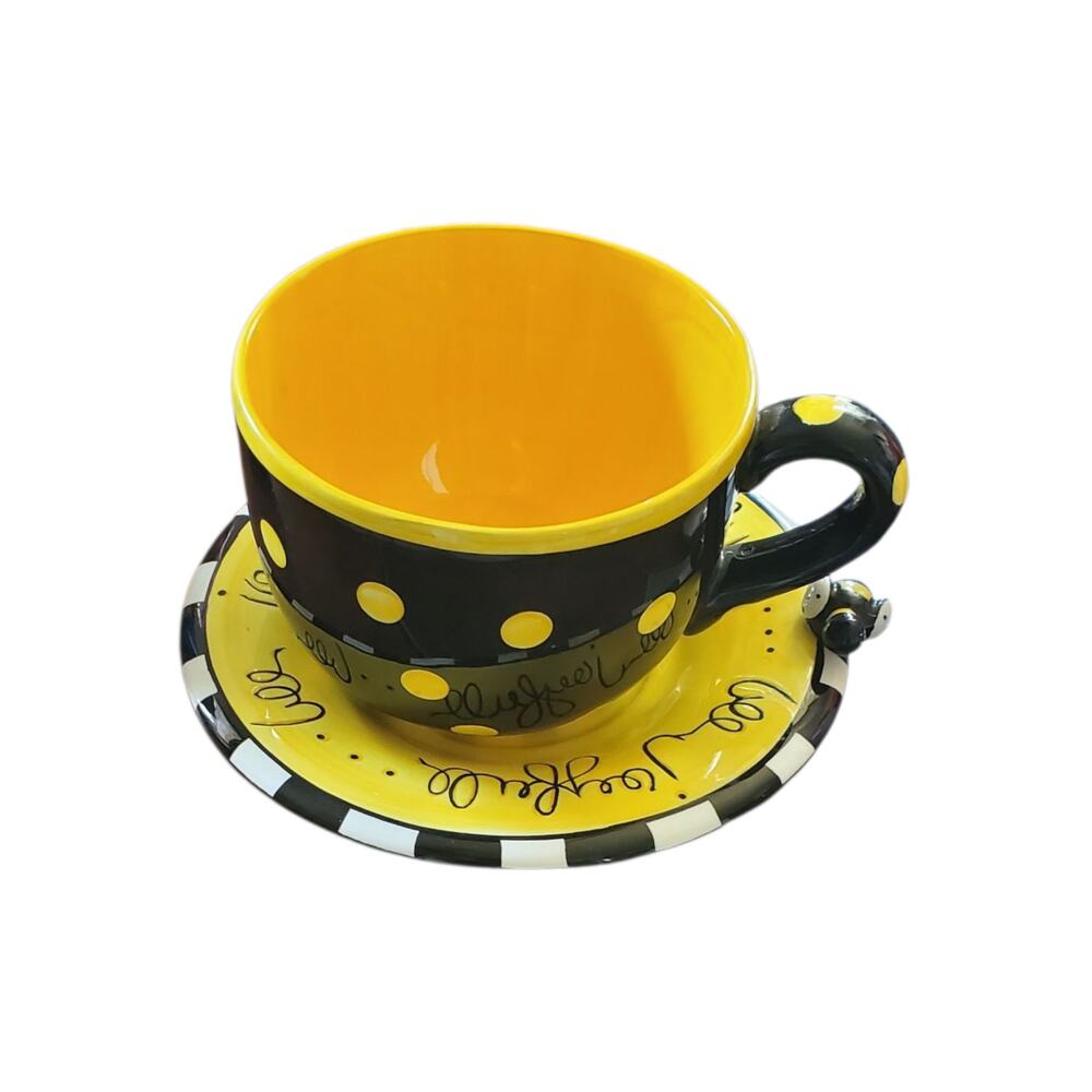 Charming Bee-Themed Cup & Plate Set – Big Polka Dot Cup Doubles as Soup Bowl!